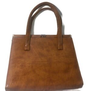Vintage Brown Tan Handbag Brass Frame Purse Top Clasp